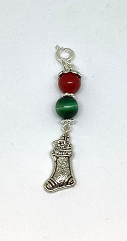 Purse Charm - Christmas Stocking Charm with Green Tigers Eye and Shell Pearls