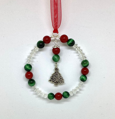 Beaded Christmas Tree Decoration - Green Tigers Eye and Shell Pearls